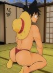  1boy all_fours ancientonyx ass ass_focus back bara black_eyes black_hair english_commentary foot_out_of_frame fundoshi hair_knot hat hat_on_back highres huge_ass indoors japanese_clothes looking_at_viewer looking_back male_focus male_underwear monkey_d._luffy muscular muscular_male one_piece profile red_fundoshi red_male_underwear sandals scar scar_on_cheek scar_on_face short_hair solo straw_hat tatami underwear underwear_only 