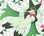 ambiguous_gender anthro biped breasts female fur generation_9_pokemon green_body green_fur hi_res looking_at_viewer meowscarada navel nintendo open_mouth pokemon pokemon_(species) pupils red_eyes simple_background slit_pupils snackbunnii solo