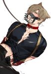  1boy animal_ears arms_behind_back bdsm blonde_hair blood blood_on_clothes blue_eyes blush bondage bound clenched_teeth collar cuts dog_boy dog_ears english_commentary hair_between_eyes highres injury jujeop leash leon_s._kennedy looking_at_viewer male_focus muzzle navel open_fly pectorals red_collar red_rope resident_evil resident_evil_4 resident_evil_4_(remake) rope short_hair solo solo_focus teeth torn_clothes white_background 