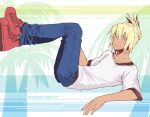  1boy beatmania_iidx blonde_hair blue_pants closed_mouth commentary_request copyright_name crossed_legs dark-skinned_male dark_skin ereki_(beatmania) folded_ponytail full_body hair_between_eyes long_bangs looking_at_viewer lying male_focus maoh_(aburaage0528) on_back palm_tree pants red_eyes red_footwear shirt shoes short_hair short_sleeves smile sneakers solo tree white_shirt 