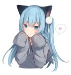  amashiro_natsuki animal_ears bangs blue_eyes blue_hair blush cat_ears closed_mouth commentary_request drawstring eyebrows_visible_through_hair fang fang_out grey_hoodie hair_between_eyes hands_up heart highres hood hood_down hoodie long_hair long_sleeves one_side_up original simple_background sleeves_past_fingers sleeves_past_wrists smile solo spoken_heart upper_body very_long_hair white_background 