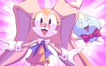  &gt;_&lt; 1girl :3 absurdres animal_ears animal_nose body_fur bow bowtie chao_(sonic) cheese_(sonic) child closed_eyes collared_dress commentary cowboy_shot cream_the_rabbit dress english_commentary facing_viewer flat_chest floating full_body gloves happy highres looking_at_viewer multicolored_fur nano_(nanolovesyou) open_mouth orange_dress orange_eyes orange_fur pink_background pointy_ears rabbit_ears rabbit_girl red_bow red_bowtie short_dress sleeveless sleeveless_dress smile sonic_(series) standing traditional_bowtie white_fur white_gloves wide-eyed 