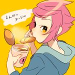  1girl blue_dress blush chopsticks cup cup_noodle dress eating food_in_mouth from_side holding holding_cup hooded_dress kumatora looking_back mother_(game) mother_3 orange_background pink_hair shifumame short_hair simple_background solo 