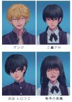  2boys 2girls absurdres black_hair blonde_hair braid brown_eyes chainsaw_man commentary cross_scar denji_(chainsaw_man) ear_piercing earrings fourth_east_high_school_uniform gakuran highres jewelry kiunchiku low_twin_braids mitaka_asa multiple_boys multiple_earrings multiple_girls orange_eyes piercing scar scar_on_cheek scar_on_face scar_on_nose school_uniform sharp_teeth teeth tongue tongue_out translation_request twin_braids yellow_eyes yoru_(chainsaw_man) yoshida_hirofumi 