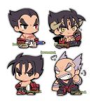  4boys angry arms_at_sides balding barefoot belt black_eyes black_hair black_pants black_wings chain chest_tattoo chibi closed_mouth devil_jin dougi eating eraser facial_hair forehead_jewel full_body gloves grey_facial_hair grey_hair grey_horns heterochromia highres holding holding_pencil horns kazama_jin kotorai male_focus mishima_heihachi mishima_kazuya multiple_boys mustache no_nose oversized_object pants pencil puff_of_air purple_belt red_eyes red_gloves scar scar_on_arm scar_on_chest short_hair signature tattoo tekken thick_eyebrows topless_male v-shaped_eyebrows white_background white_pants wings 