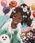  3girls balloon blonde_hair brown_eyes brown_hair candy_hair_ornament circlet dark-skinned_female dark_skin fire_emblem fire_emblem_engage fire_emblem_heroes food-themed_hair_ornament grin hair_ornament halloween highres long_sleeves merrin_(fire_emblem) multiple_girls oda32t official_alternate_costume orange_hair panette_(fire_emblem) ponytail smile timerra_(fire_emblem) timerra_(halloween)_(fire_emblem) 