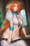  1girl bleach breasts cleavage day grey_eyes highres indoors inoue_orihime large_breasts lips long_hair long_sleeves looking_at_viewer mirror navel neoartcore orange_hair paid_reward_available panties pants solo standing underwear undressing white_panties window 