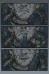  2boys black_gloves black_jacket couple death_stranding dirty dirty_clothes dirty_face facial_hair gloves grey_hair hamms_hamss hand_on_another&#039;s_face higgs_(death_stranding) highres jacket lips male_focus multiple_boys parted_lips sam_porter_bridges short_hair teeth yaoi 