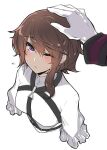  1boy 1girl ;&lt; blush brown_hair chest_harness closed_mouth concetta_(fate) cropped_torso earrings edmond_dantes_(fate) edmond_dantes_(monte_cristo_uniform)_(fate) fate/grand_order fate_(series) frills gloves harness headpat hirase_yuu jewelry looking_at_viewer one_eye_closed out_of_frame shirt short_hair simple_background single_earring solo_focus sweat swept_bangs upper_body white_background white_gloves white_shirt 