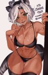  1girl abs animal_ears bikini black_bikini breasts dark-skinned_female dark_skin english_commentary english_text green_eyes grey_hair highres horns indie_virtual_youtuber jewelry large_breasts leaning_forward looking_at_viewer necklace sansin_jin scar second-party_source short_hair skindentation solo suliavtuber swimsuit tail teeth thighhighs virtual_youtuber 