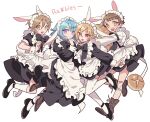  4boys :d absurdres alternate_costume animal_ears apron bandaid bandaid_on_knee bandaid_on_leg black_dress black_footwear blonde_hair blue_hair bread brown_eyes brown_hair crossdressing dress enmaided ensemble_stars! food frilled_apron frills full_body hand_up highres juliet_sleeves kemonomimi_mode long_sleeves looking_at_viewer lop_rabbit_ears maid maid_apron maid_headdress male_focus male_maid mary_janes mashiro_tomoya meremero multiple_boys nito_nazuna open_mouth puffy_short_sleeves puffy_sleeves rabbit_ears rabbit_tail rabbits_(ensemble_stars!) red_eyes shino_hajime shoes short_hair short_sleeves simple_background smile standing standing_on_one_leg tail tenma_mitsuru white_apron white_background wrist_cuffs yellow_eyes 