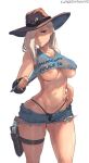  areolae artist_name ashe_(overwatch) bare_shoulders blue_shirt breasts clothes_writing collarbone commentary cowboy_hat crop_top cutesexyrobutts denim denim_shorts gun hair_over_one_eye handgun hat hat_over_one_eye highleg highleg_panties highres hips holster long_hair looking_at_viewer lowleg lowleg_shorts medium_breasts meta navel nipple_slip nipples no_bra overwatch panties pinup pistol red_eyes revolver shirt shirt_pull short_shorts shorts simple_background solo thigh_holster thighs thong underwear weapon white_background white_hair 