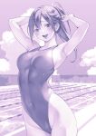  1girl absurdres breasts cloud commentary_request competition_swimsuit covered_navel cowboy_shot day fence highleg highleg_swimsuit highres lane_line long_hair macosee medium_breasts monochrome one-piece_swimsuit open_mouth original outdoors ponytail pool purple_theme sky smile solo starting_block swimsuit 