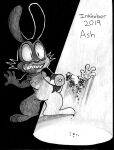 2019 8-bit-britt anthro ashes bunnicula bunnicula_(series) burning chest_tuft digital_media_(artwork) inktober inktober_2019 lagomorph leporid long_ears looking_at_hand looking_at_self male mammal monochrome rabbit scut_tail sharp_teeth short_tail solo standing surprise surprised_expression tail teeth text tuft vampire