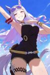  1girl animal_ears arm_up armband armpits black_one-piece_swimsuit blue_sky blunt_bangs breasts closed_mouth cloud cloudy_sky commentary commentary_request cowboy_shot eyewear_on_head gold_ship_(run_revolt_launcher)_(umamusume) gold_ship_(umamusume) grey_hair grin highres horse_ears horse_girl horse_tail jewelry large_breasts long_hair looking_at_viewer official_alternate_costume one-piece_swimsuit sky smile swimsuit tail thigh_strap umamusume upper_body ushiwaka 