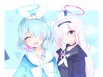  2girls arona_(blue_archive) black_choker black_coat black_hairband black_serafuku blue_archive blue_eyes blue_hair blue_halo blue_serafuku bow bowtie braid choker closed_eyes coat commentary_request facing_viewer hair_over_one_eye hairband halo happy head_tilt highres long_hair looking_at_viewer medium_hair multicolored_hair multiple_girls neckerchief open_clothes open_coat open_mouth pink_hair pink_halo plana_(blue_archive) ribbon ritarittaaa school_uniform serafuku single_braid smile two-tone_hair upper_body very_long_hair white_bow white_bowtie white_choker white_hair white_hairband white_neckerchief white_ribbon 