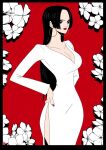  1girl black_border black_hair boa_hancock border chris_re5 commentary cowboy_shot dress flower hand_on_own_hip hime_cut instagram_username long_hair looking_to_the_side one_piece red_background red_lips red_nails solo twitter_username white_dress 