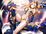  black_legwear black_sleeves blonde_hair blue_bow blue_eyes bow breasts chain choker cleavage collarbone cosplay detached_sleeves eyebrows_visible_through_hair fate/grand_order fate_(series) floating_hair gigamessy hair_between_eyes hair_bow hand_on_own_knee ishtar_(fate/grand_order) ishtar_(fate/grand_order)_(cosplay) long_hair long_sleeves looking_at_viewer medium_breasts midriff navel original panties shiny shiny_hair sideboob solo stomach thighhighs underwear white_panties 