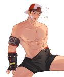  1boy ? ?? abs armband backwards_hat bandaid bandaid_on_cheek bandaid_on_face bara baseball_cap beom_liben black_armband black_gloves black_male_underwear boyoishere brown_hair bulge commission commissioner_upload cowboy_shot erection erection_under_clothes fingerless_gloves gloves hat highres large_pectorals male_focus male_underwear muscular muscular_male navel one_eye_closed open_mouth original pectorals short_hair simple_background sitting sleep_bubble solo spiked_gloves spread_legs topless_male underwear underwear_only white_background 