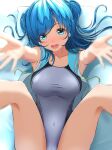  1girl aigami_shion blue_eyes blue_hair blue_sailor_collar blurry breasts competition_swimsuit covered_navel depth_of_field double_bun feet_out_of_frame garter-velvet grey_one-piece_swimsuit hair_bun highres looking_at_viewer medium_breasts medium_hair one-piece_swimsuit open_clothes open_mouth open_shirt original reaching reaching_towards_viewer round_teeth sailor_collar shirt sitting sleeveless sleeveless_shirt smile solo swimsuit teeth two-tone_swimsuit upper_teeth_only 