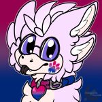 ambiguous_gender anonfurryartist anthro avali avian bisexual bisexual_pride_colors blep collar eyewear feathers female glasses headshot_portrait kerolink lgbt_pride lgbtq+ male paint paws pink_body portrait pride_colors purple_eyes solo tongue tongue_out