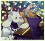  1boy 1girl animal_ears artist_name asgore_dreemurr beard blonde_hair blue_eyes blurry bokeh border depth_of_field eye_contact face-to-face facial_hair fang from_side furry furry_female furry_male goat_boy goat_ears goat_girl goat_horns hand_to_hand heart high_collar highres horns husband_and_wife looking_at_another murayama_ryouta noses_touching open_mouth short_hair signature smile toriel undertale upper_body yellow_border 