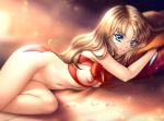  blonde_hair blue_eyes bow breasts eyebrows_visible_through_hair gigamessy long_hair looking_at_viewer lying medium_breasts naked_ribbon navel nipples on_side original petals red_bow red_ribbon ribbon smile solo 