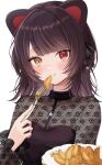  1girl animal_ears blush brown_hair dog_ears dog_girl food fork heterochromia highres holding holding_fork inui_toko inui_toko_(5th_costume) jewelry lace medium_hair necklace nijisanji red_eyes smile solo virtual_youtuber yellow_eyes yoshiki1020 