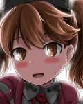  :d admiral_paru backlighting bangs brown_eyes brown_hair close-up eyebrows face highres kantai_collection looking_at_viewer magatama open_mouth ryuujou_(kantai_collection) smile solo twintails twitter_username visor_cap 