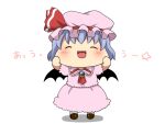  1girl ^_^ ascot bat_wings blue_brooch blue_hair blush cheek_pinching chibi closed_eyes collared_shirt commentary_request frilled_shirt_collar frilled_skirt frilled_sleeves frills hat hat_ribbon medium_bangs mob_cap open_mouth paplikaling pinching pink_shirt pink_skirt red_ascot red_ribbon remilia_scarlet ribbon shirt short_hair simple_background skirt skirt_set smile solo standing star_(symbol) touhou uu~ white_background wings yukkuri_shiteitte_ne 