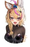  1girl animal_ear_fluff animal_ears appleseed_(appleseed_art) black_hair black_leotard blonde_hair braid braided_ponytail breasts cleavage fox_ears fox_girl highres hololive large_breasts leotard long_hair looking_at_viewer multicolored_hair omaru_polka open_mouth pink_hair purple_eyes smile streaked_hair upper_body virtual_youtuber 