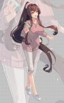  1girl alternate_costume bare_shoulders blush breasts brown_hair capri_pants collarbone commentary_request crossed_legs full_body hair_intakes highres himeyamato kantai_collection large_breasts long_hair long_sleeves looking_at_viewer navel open_mouth pants ponytail purple_eyes shoes sidelocks smile sneakers sweater very_long_hair watson_cross white_footwear yamato_(kancolle) zoom_layer 