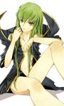  black_cloak body_blush breasts c.c. cape code_geass collarbone eyebrows_visible_through_hair green_hair hair_between_eyes long_hair medium_breasts meimi_k naked_cape navel parted_lips shiny shiny_skin sitting solo underboob very_long_hair white_background yellow_eyes 