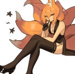  1girl absurdres animal_ear_fluff animal_ears black_dress black_gloves black_thighhighs cowboy_shot crossed_legs dress finger_to_mouth fox_ears fox_girl fox_tail garter_straps ghost_(tama) gloves high_heels highres looking_at_viewer multiple_tails necktie orange_eyes orange_hair original shushing sitting solo star_(symbol) tail thighhighs 