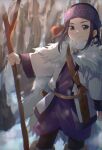  1girl asirpa blue_eyes boots child coat commentary earrings forest fur-trimmed_collar fur_trim golden_kamuy hairband highres holding jewelry long_hair looking_at_viewer machida_0906 nature pantyhose sidelocks smile snow solo tree white_coat 