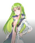  breasts c.c. cleavage code_geass collarbone floating_hair gradient gradient_background green_hair grey_background groin hand_on_hip head_in_hand long_hair looking_at_viewer meimi_k naked_coat navel parted_lips shiny shiny_hair small_breasts solo standing very_long_hair yellow_eyes 