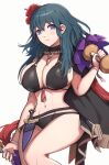  1girl absurdres bikini black_bikini blue_eyes blue_hair breasts byleth_(female)_(fire_emblem) byleth_(female)_(summer)_(fire_emblem) byleth_(fire_emblem) cleavage closed_mouth commentary_request dagger fire_emblem fire_emblem:_three_houses fire_emblem_heroes flower gonzarez hair_flower hair_ornament highres holding knife large_breasts official_alternate_costume sheath sheathed simple_background solo swimsuit tassel weapon white_background 