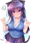  animal_ear_fluff animal_ears bangs blush breasts cat_ears cat_girl cat_tail cleavage collarbone collared_shirt embarrassed eyebrows_visible_through_hair fang fingernails hair_between_eyes hands_up head_tilt large_breasts long_hair mokufuu nose_blush open_mouth original pleated_skirt purple_eyes purple_hair purple_skirt school_uniform shirt short_sleeves skirt solo spoken_sweatdrop sweatdrop sweater_vest tail twitter_username very_long_hair white_shirt 