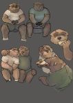  2018 anthro bear bezdomny brown_fur canine clothing duo eating food fur hug humanoid_hands male mammal overweight overweight_male pizza shirt shorts sitting tanuki 