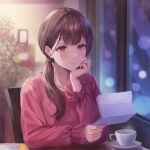  1girl brown_hair chair cup envelope fingernails hand_on_own_chin head_rest highres holding holding_letter indoors letter lips long_sleeves low_ponytail original reading sakamuke sitting solo table upper_body window 