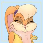 accessory anthro biped blonde_hair blush clothed clothing crop_top cupping_chin disembodied_hand duo eyelashes eyes_closed face_grab face_squish female fur hair hair_accessory hand_on_chin hand_on_face hand_under_chin lagomorph lola_bunny long_ears looney_tunes mammal pink_nose shirt solo_focus squish tongue tongue_out topwear unknown_artist warner_brothers yellow_clothing yellow_shirt yellow_topwear