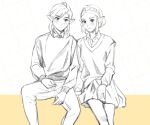  1boy 1girl alternate_costume collared_shirt contemporary expressionless link looking_at_viewer pointy_ears princess_zelda school_uniform shirt short_hair sitting skirt smile soom_s00m sweater the_legend_of_zelda 