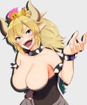  :d bare_arms bare_shoulders black_collar blonde_hair bowsette bracelet breasts cleavage collar collarbone commentary_request crown elbow_gloves fingernails gloves hand_on_hip hand_up head_tilt high_ponytail highres horns jewelry kuroshiro_(ms-2420) large_breasts looking_at_viewer mario_(series) new_super_mario_bros._u_deluxe open_mouth piercing pointy_ears princess sapphire_(stone) sharp_fingernails sharp_teeth smile solo spiked_armlet spiked_bracelet spiked_collar spiked_shell spikes strapless super_crown teeth thick_eyebrows tongue_piercing turtle_shell v-shaped_eyebrows 