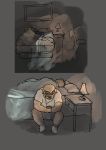  2018 anthro bear bed bezdomny brown_fur canine clothing duo fur male mammal overweight overweight_male sad shirt shorts sitting sleeping tanuki 