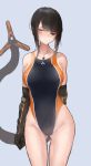  absurdres bangs black_hair blue_background blush competition_swimsuit cyborg eyepatch highleg highleg_swimsuit highres kasagarasu looking_at_viewer mechanical_arm mechanical_tail one-piece_swimsuit original prosthesis short_hair solo standing sumi_elias swimsuit tail 