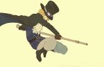  1boy belt black_belt black_coat black_footwear blonde_hair boots brown_gloves coat full_body gloves goggles goggles_on_headwear grin hat jumping lead_pipe looking_at_viewer male_focus one_piece sabo_(one_piece) short_hair smile solo tarutaruso3 top_hat yellow_background 