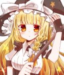  1girl black_gloves black_headwear blonde_hair blunt_bangs blush bow breasts closed_mouth dot_nose fingerless_gloves gloves hat hat_bow hat_ribbon heart heart-shaped_pupils highres holding kirisame_marisa long_hair looking_at_viewer medium_breasts puffy_short_sleeves puffy_sleeves red_eyes ribbon shimashiro_itsuki shirt short_sleeves simple_background solo symbol-shaped_pupils touhou upper_body very_long_hair white_background white_bow white_ribbon white_shirt witch_hat 