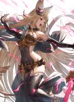  1girl animal_ears bare_shoulders black_thighhighs blonde_hair bow_(weapon) breasts covered_navel detached_collar detached_sleeves fagi_(kakikaki) granblue_fantasy hair_ornament highres holding holding_bow_(weapon) holding_weapon long_hair looking_to_the_side medium_breasts metera_(granblue_fantasy) open_mouth purple_eyes simple_background smile solo thighhighs weapon white_background 