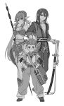  1girl 2boys absurdres bag breasts cleavage closed_mouth full_body greyscale hands_on_own_hips highres holding holding_polearm holding_sword holding_weapon judith_(tales) karol_capel long_hair looking_at_viewer monochrome multiple_boys navel pointy_ears polearm short_hair shoulder_bag simple_background smile standing sword tales_of_(series) tales_of_vesperia weapon white_background yacht_king yuri_lowell 
