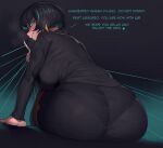  1girl allmind_(armored_core_6) armored_core armored_core_6 ass black_hair black_suit breasts commentary earrings english_commentary english_text from_behind green_eyes green_hair highres jewelry krekkov large_breasts long_sleeves looking_at_viewer looking_back multicolored_hair office_lady pantyhose pantylines personification short_hair sitting skirt solo suit triangle_earrings 